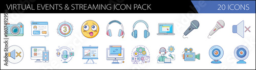 Virtual events and streaming icon pack, 20 icons in flat line style, online webinar and video conference symbols, digital broadcasting vector set