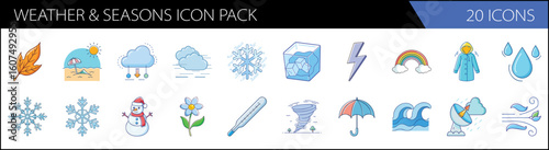 Weather and seasons icon pack, 20 icons in flat line style, meteorological symbols for forecast apps and climate reports, seasonal nature elements