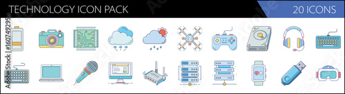 Modern technology icon pack, set of 20 flat vector icons for digital devices and hardware, electronic gadgets and computer peripherals collection