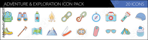 Adventure and exploration icon pack, 20 icons set for camping and hiking, outdoor travel equipment vector illustrations, trekking gear symbols