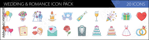 Wedding and romance icon pack, set of 20 colorful marriage vector icons, elegant bridal celebration symbols, romantic anniversary and engagement graphics