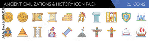 Ancient civilizations and history icon pack, 20 icons of world heritage landmarks and artifacts, historical culture vector set for education