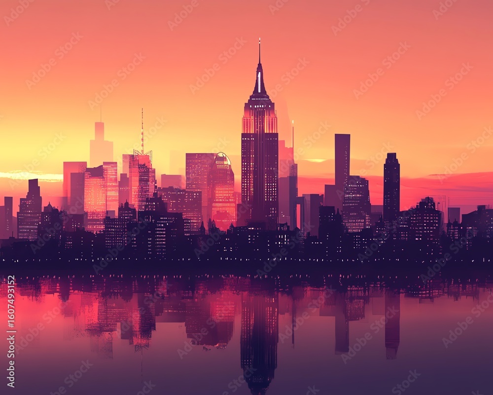 Fototapeta premium City skyline at sunset, stylized