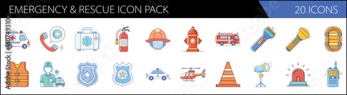 Emergency and rescue icon pack, 20 icons in colorful flat line style, firefighting and medical first aid equipment vector set for safety apps