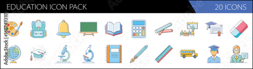Education icon pack with 20 icons, school supplies and academic symbols vector set, colorful flat line learning and teaching illustrations