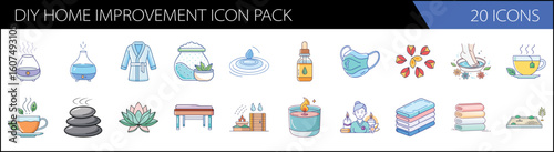 DIY home improvement icon pack, 20 icons for spa and wellness, hand drawn illustrations of aromatherapy and self care elements