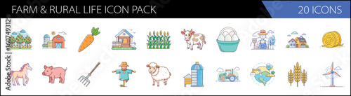 Farm and rural life icon pack, 20 icons in colorful line art style, agriculture and livestock vector set for farming industry and organic food branding