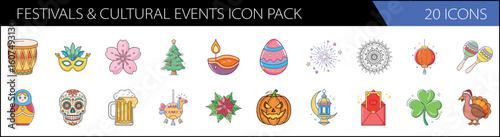 Festivals and cultural events icon pack, 20 vector icons for global holidays and celebrations, colorful flat line symbols for world traditions