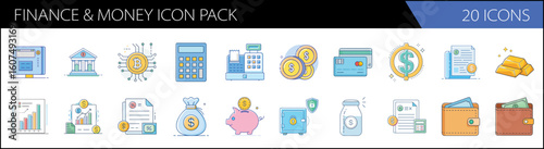 Finance and money icon pack, 20 flat vector icons for banking and investment, blue and gold financial symbols for business apps and websites
