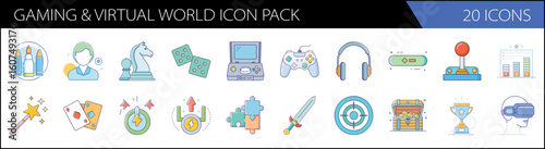Gaming and virtual world icon pack, 20 icons for esports and video games, flat line vector set for digital entertainment and metaverse apps