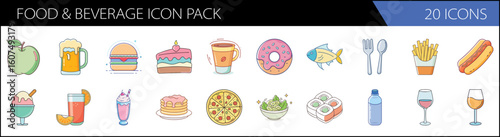 Food and beverage icon pack, 20 icons in flat vector style. Restaurant menu symbols, colorful meal and drink illustrations for catering and apps.