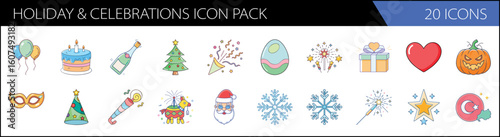 Holiday and celebrations icon pack, 20 vector icons for festive events. Christmas and party celebration symbols. Birthday and seasonal holiday elements.