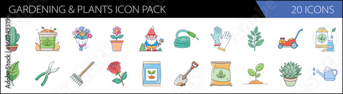 Gardening and plants icon pack, 20 icons set of garden tools and botanical elements, colorful hand drawn vector illustrations for landscaping and horticulture