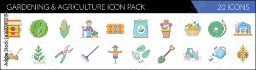 Gardening and agriculture icon pack, 20 flat vector icons for farming and horticulture, organic garden tools and farm equipment set
