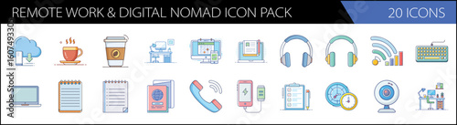 Remote work and digital nomad icon pack, 20 icons in modern flat line style, freelance business and telecommuting vector set for web design