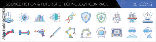 Science fiction and futuristic technology icon pack, 20 icons in vector format, blue and purple sci-fi symbols for gaming and tech interfaces