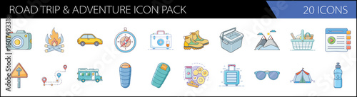 Road trip and adventure icon pack, set of 20 travel and camping vector icons, outdoor exploration symbols for vacation planning and tourism