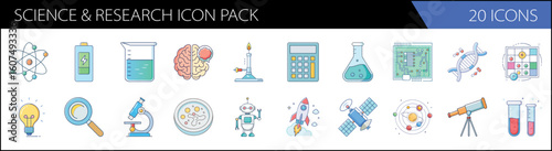 Science and research icon pack, 20 flat vector icons for laboratory and education, chemistry and physics symbols for scientific study