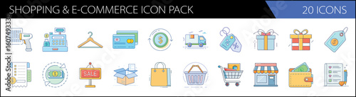 Shopping and e-commerce icon pack, 20 icons in flat line style, retail and digital marketing symbols for web design, blue and yellow business vector set
