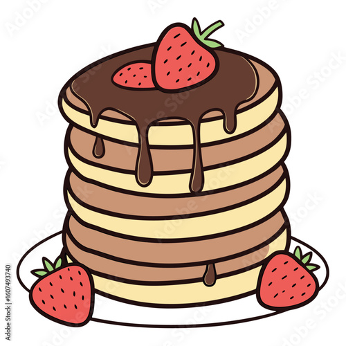 Stack of pancakes drizzled with chocolate sauce and topped with strawberries looks delicious