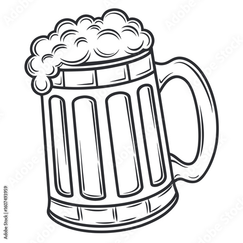 Stylized line drawing of full beer stein with large handle on white