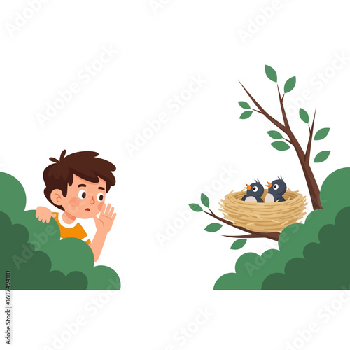 A boy peers from behind bushes, observing two baby birds in a nest on a tree branch.