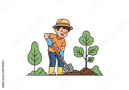 A young boy wearing a hat and gloves plants a tree using a shovel in an outdoor setting.
