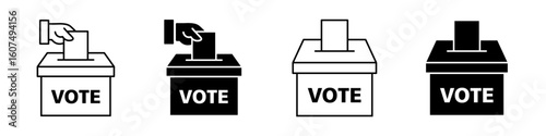 Set of ballot box icons in thin line vector style. Includes voting and election-related outline symbols