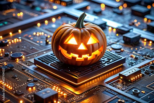 A halloween pumpkin sits on a glowing computer circuit board
