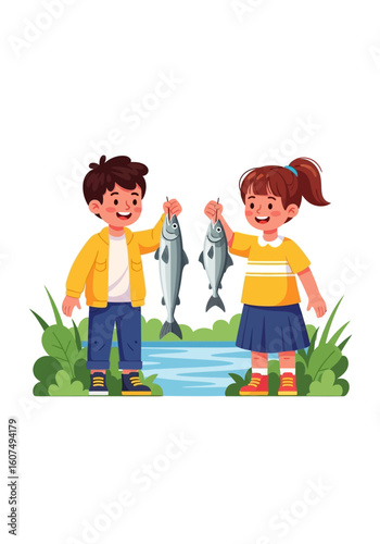Two happy children holding fish, caught by a river, showing joy and outdoor activity.