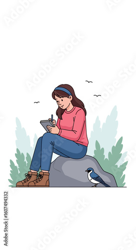 A young woman sits on a rock, sketching in a nature setting.