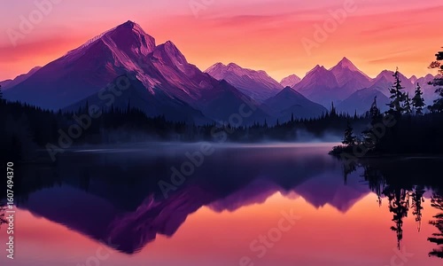 Mountains reflect on serene lake under a vibrant sunrise sky. Pine trees surround water