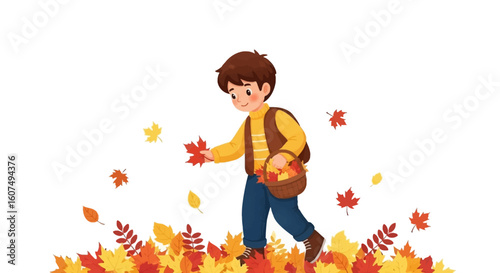 A young boy in autumn attire gathers fallen leaves into a basket, surrounded by a colorful pile of foliage.