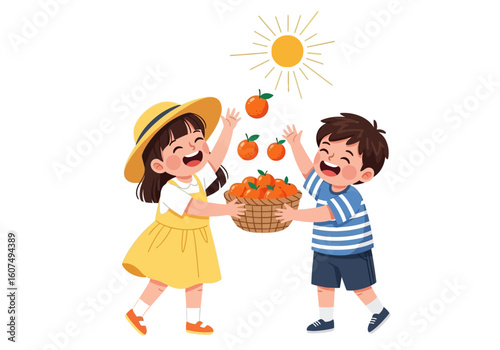 Happy children joyfully sharing a basket of oranges under a bright sun.
