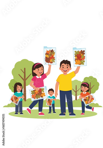 A family of five happily displays collected colorful autumn leaves in bags, standing in a park setting.