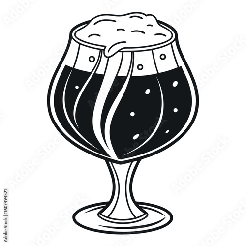 Monochrome beer fills a detailed glass with creamy overflowing foam top