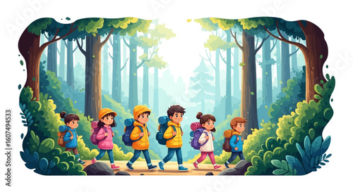 A group of children with backpacks are hiking on a trail through a dense, sunlit forest.