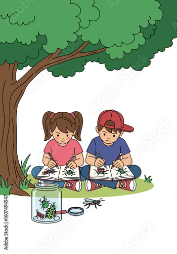 Two children sit under a tree, drawing insects they have collected in a jar.