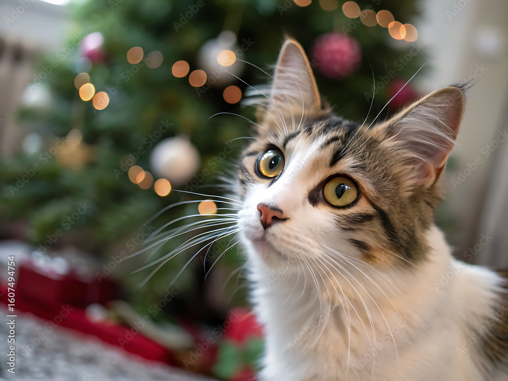 Fototapeta premium An illustration of a white cat on the Christmas blurry background. Ai Generative