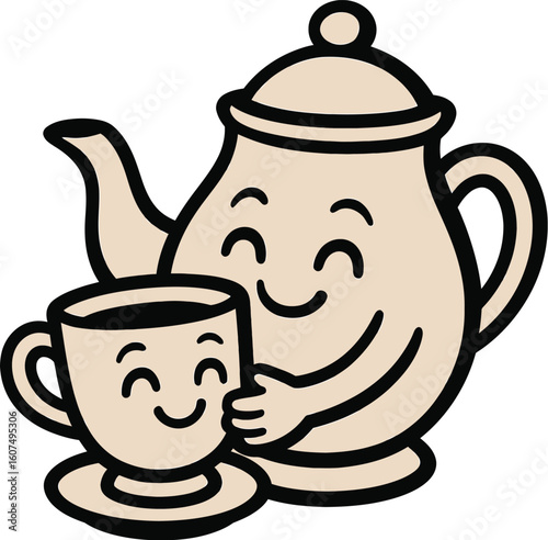 Happy cartoon teapot character affectionately hugging a smiling teacup on a saucer. Ideal for tea time, comfort, or friendship themes.