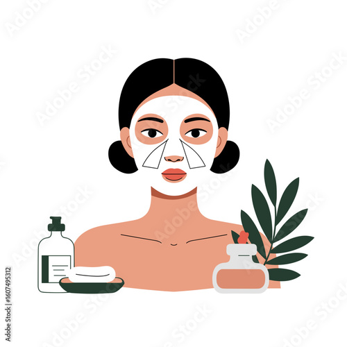 Woman applying facial mask with skincare products and plants  