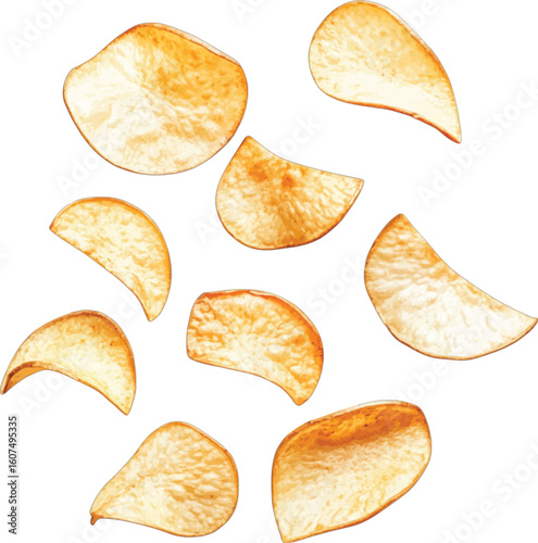 Golden crispy potato chips scattered snack