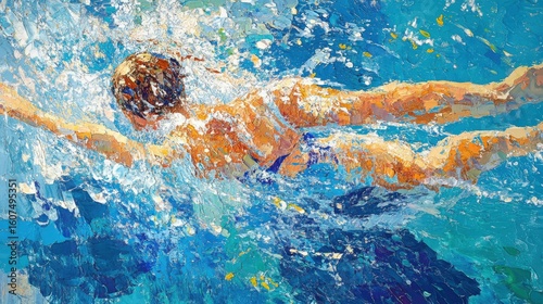 A swimmer in a vibrant aquatic scene.