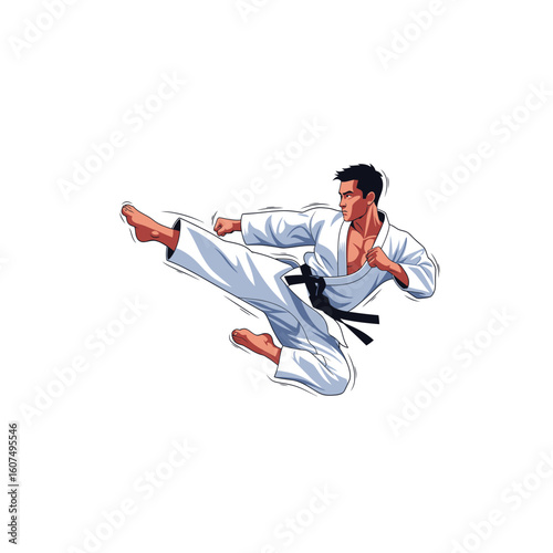 A man in a white gi with a black belt performs a flying side kick in a martial arts pose.