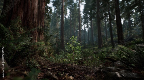 A Young Sapling Stands Alone in a Majestic Redwood Grove

