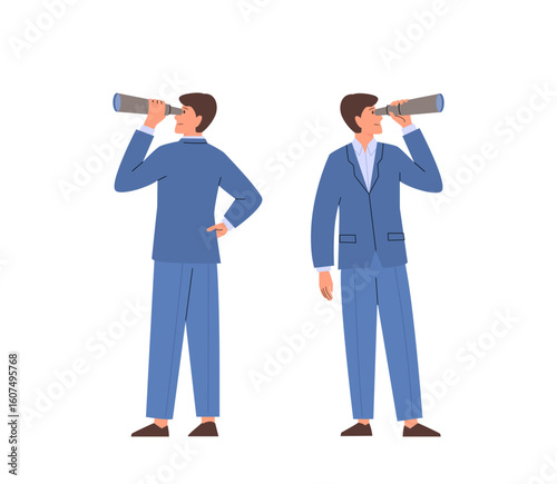 Businessman looking through telescope. Male character in suit standing back and front. Business concept