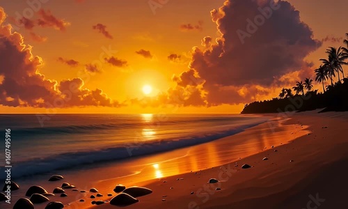 Ocean horizon with orange sky, clouds, calm sea, and sandy beach with palm trees