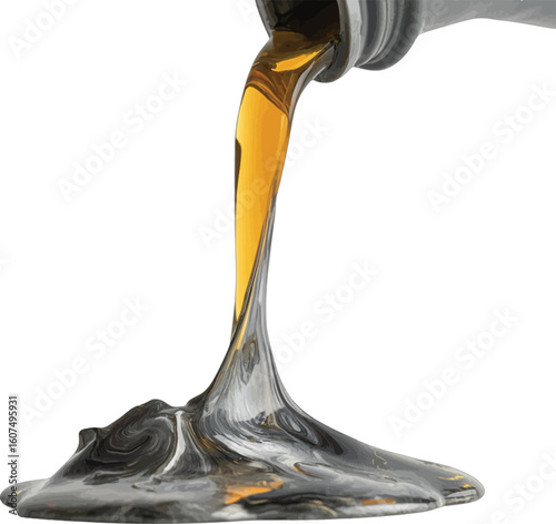 Golden liquid pouring from grey container onto dark surface motor