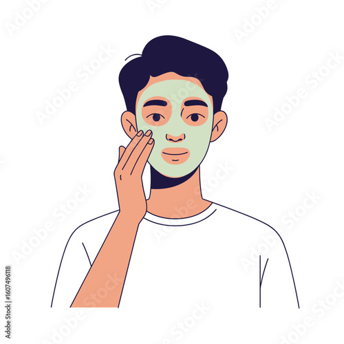 Young man applying green facial mask while relaxing at home  