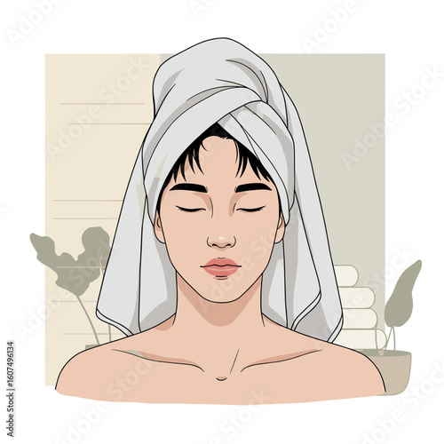 A young guy relaxes with a towel on his head at a spa